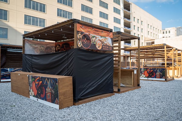 A Gyro Chef Mediterranean booth sits empty along Ted Turner Drive in downtown Atlanta on June 24, 2026. (Ben Hendren for the AJC)