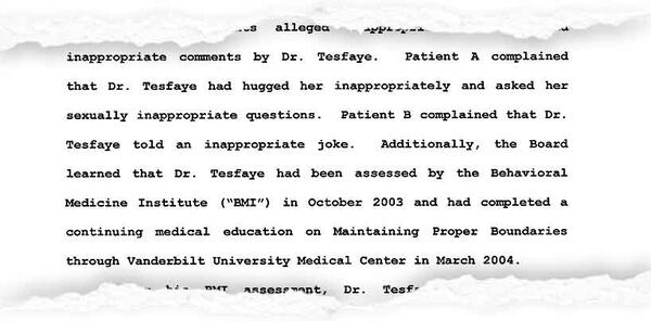 The North Carolina medical board’s 2017 order disclosing for the first time the private actions against Dr. Tesfaye years earlier and his participation in the Vanderbilt boundaries course.