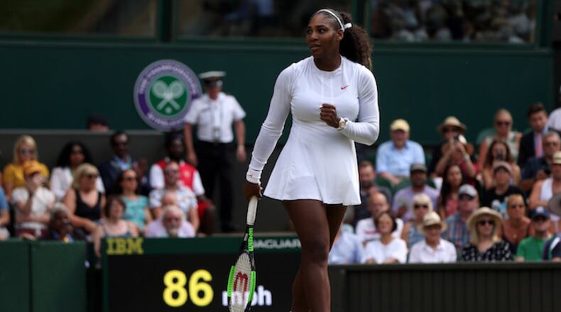 Serena Williams celebrates on day seven of the Wimbledon Championships at the All England Lawn Tennis and Croquet Club, Wimbledon, on July 9, 2018. (Jonathan Brady/PA Wire/Abaca Press/TNS)