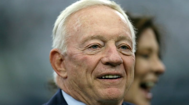Dallas Cowboys team owner Jerry Jones stands on the field before an NFL football game against the Washington Redskins on Sunday, Jan. 3, 2016, in Arlington , Texas. (AP Photo/Tim Sharp)