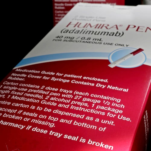 FILE - Packaging for AbbVie's biologic drug, Humira, is photographed in Houston, July 18, 2014. (AP Photo/David J. Phillip, File)
