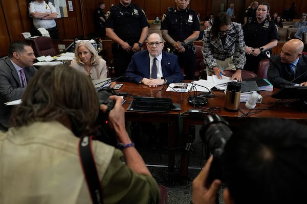 Harvey Weinstein appears for his retrial in Manhattan Criminal Court, Thursday, April 24, 2025, in New York. (AP Photo/Julia Demaree Nikhinson, Pool)