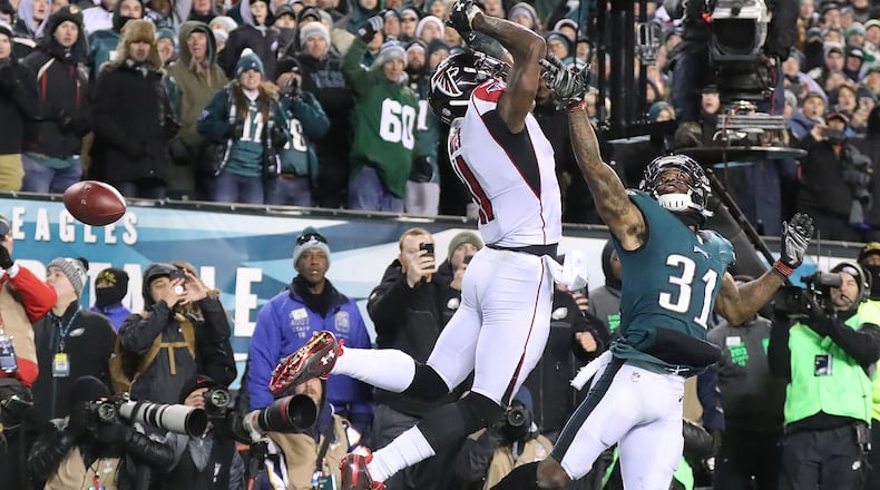 Julio Jones can’t make the catch on a fourth-down pass from Matt Ryan with Philadelphia’s Jalen Mills defending in the endzone in the final minute of Saturday’s divisional playoffs game. The Falcons lost 15-10 to end their season.