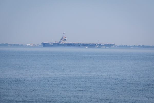 The USS Gerald R. Ford aircraft carrier leaves Naval Station Norfolk, Tuesday, June 24, 2025, in Norfolk, Va. (AP Photo/John Clark)