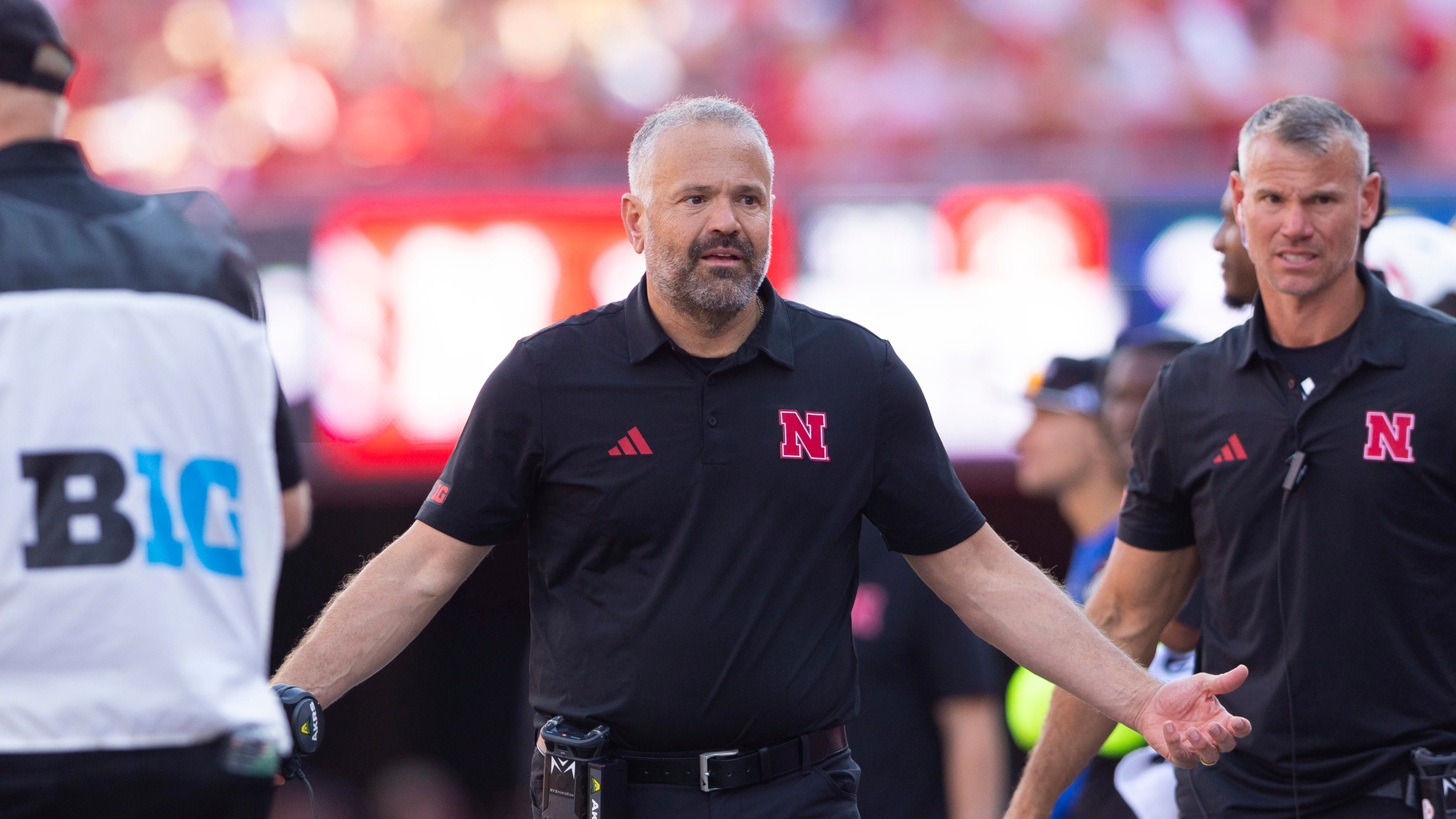 Nebraska head coach Matt Rhule questions a call during the second half of an NCAA college football game against Michigan, Saturday, Sept. 20, 2025, in Lincoln, Neb. (AP Photo/Rebecca S. Gratz)