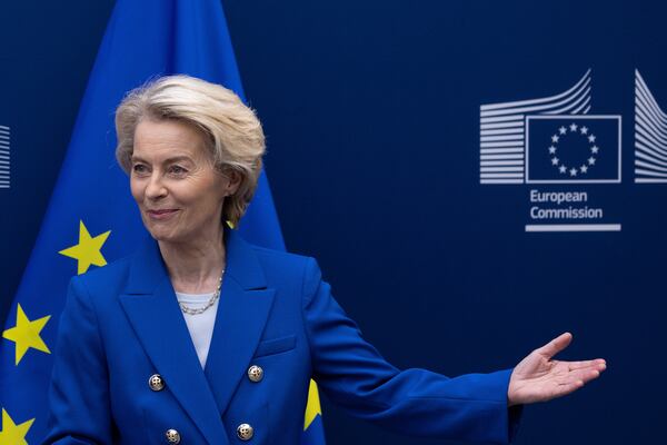 European Commission President Ursula von der Leyen stands prior to a meeting with Iceland's Prime Minister Kristrun Frostadottir at the EU headquarters in Brussels, Wednesday, April 9, 2025. (AP Photo/Omar Havana)