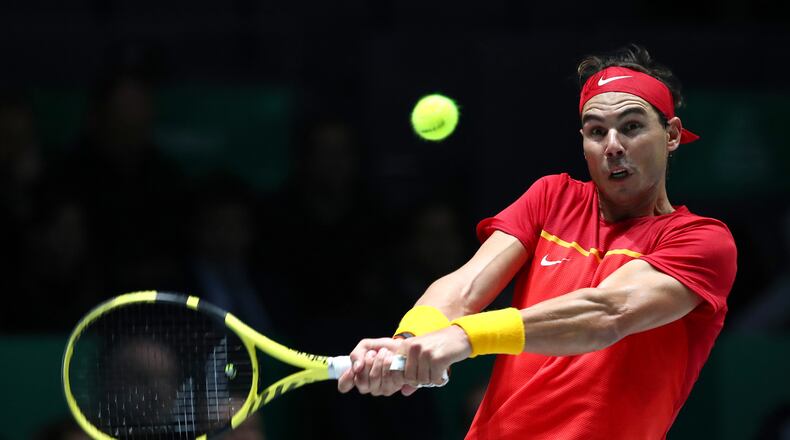 Rafael Nadal of Spain plays a backhand against Karen Khachanov of Russia during Day 2 of the 2019 Davis Cup at La Caja Magica on November 19, 2019 in Madrid, Spain. (Photo by Clive Brunskill/Getty Images)