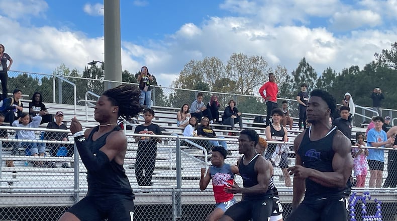 Alexander High sprinter and Georgia Tech signee Eric Singleton sprints to the finish line ahead of the pack in the Douglas County championship, which was held March 22-24 at Chapel Hill High School. (Photo courtesy of Brian Robinson)