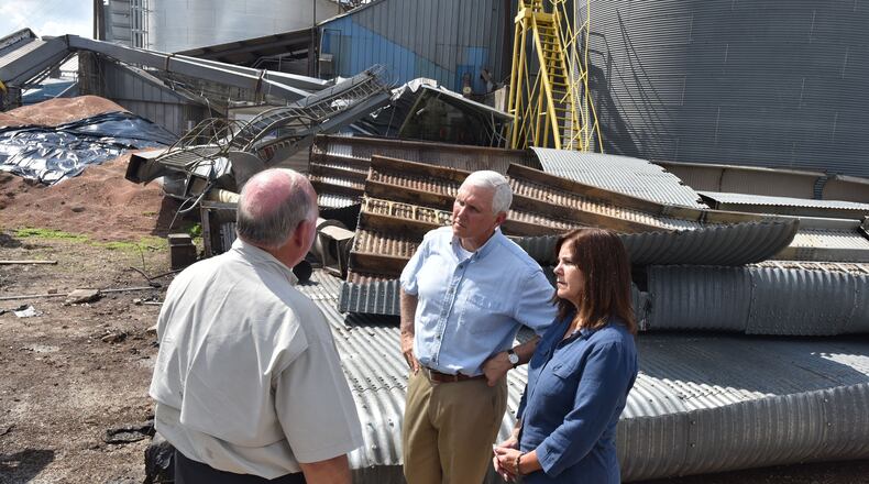 Vice President Mike Pence met employees at Flint River Mills in Bainbridge in October as he surveyed storm damage from Hurricane Michael. HYOSUB SHIN / HSHIN@AJC.COM