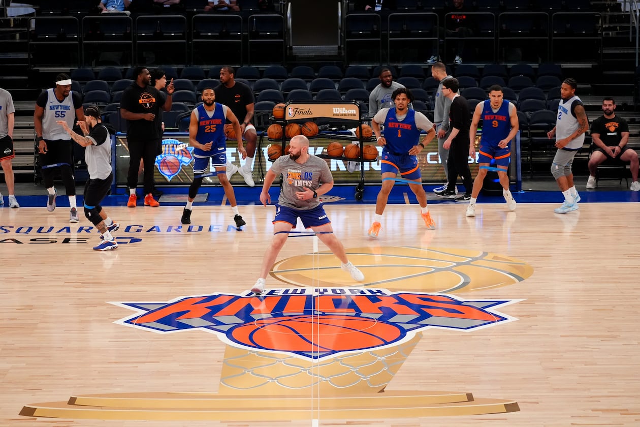 The New York Knicks practice prior to Game 3 of the NBA Finals basketball series against the San Antonio Spurs, Sunday, June 7, 2026, in New York. (AP Photo/Ross D. Franklin)