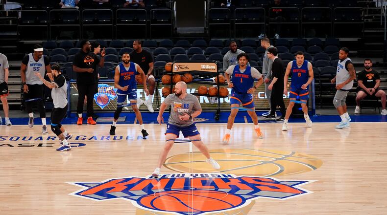 The New York Knicks practice prior to Game 3 of the NBA Finals basketball series against the San Antonio Spurs, Sunday, June 7, 2026, in New York. (AP Photo/Ross D. Franklin)