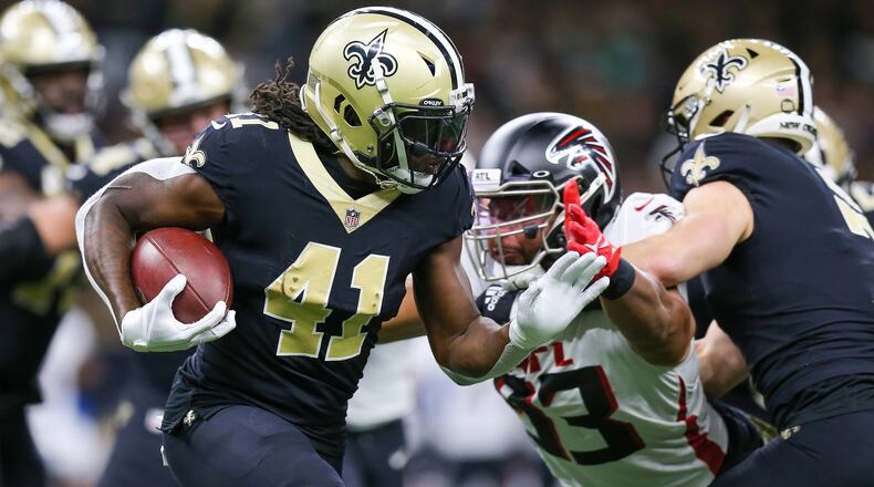The New Orleans Saints' Alvin Kamara (41) carries the ball against the Atlanta Falcons at Caesars Superdome on Nov. 7, 2021, in New Orleans. (Jonathan Bachman/Getty Images/TNS)