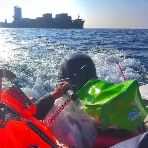 In this photo released by Dong Guangping, Dong Guangping is seen on a dinghy, crossing the sea between China and South Korea, on May 24, 2026. (Dong Guangping via AP)