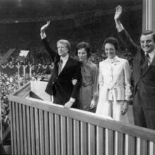 The world first learned Jimmy Carter's name when the Georgia Democrat campaigned to be the 39th president of the United States. Here, Carter is pictured in 1976 with wife, Rosalynn, and running mate Walter Mondale, along with his wife Joan, in Madison Square Garden during the Democratic National Convention. (AP file)