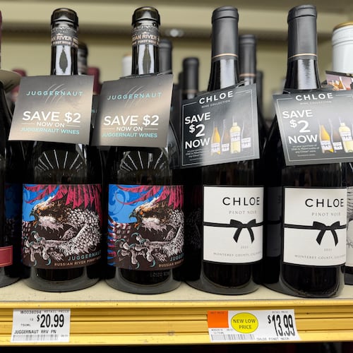 A variety of pinot noir wines, from left, Josh Cellars Reserve, Juggernaut, and Chloe, are displayed at a grocery store in Concord, N.H. on June 8, 2026. (J.M. Hirsch via AP)