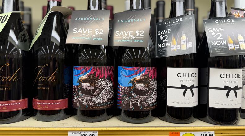 A variety of pinot noir wines, from left, Josh Cellars Reserve, Juggernaut, and Chloe, are displayed at a grocery store in Concord, N.H. on June 8, 2026. (J.M. Hirsch via AP)