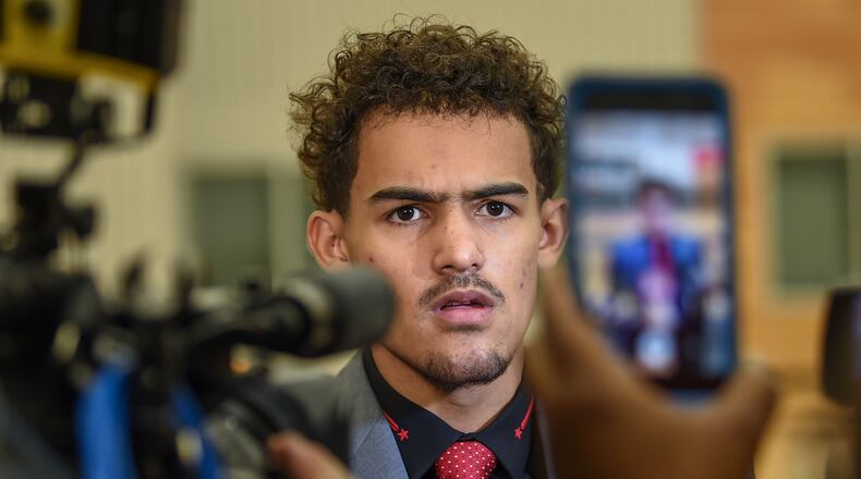 Atlanta Hawks draft pick Trae Young is interviewed after a press conference at Atlanta Hawks Emory Sports Medicine Complex.