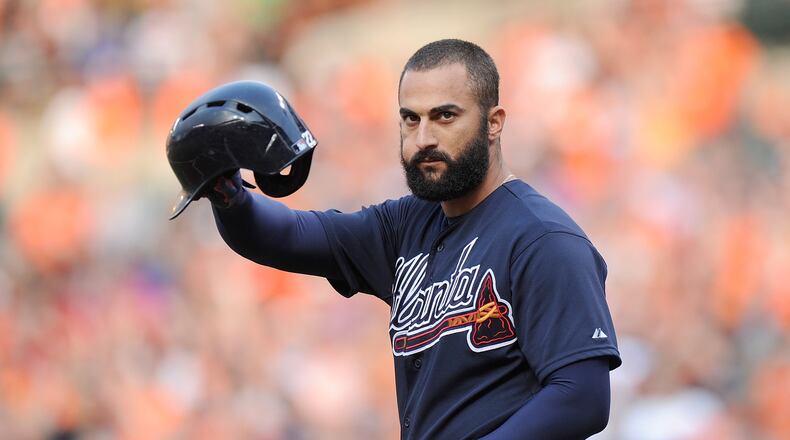 Nick Markakis acknowledged an ovation from the Orioles crowd last week in his first game back at Baltimore, where he spent his first nine seasons. (Photo by Greg Fiume/Getty Images)