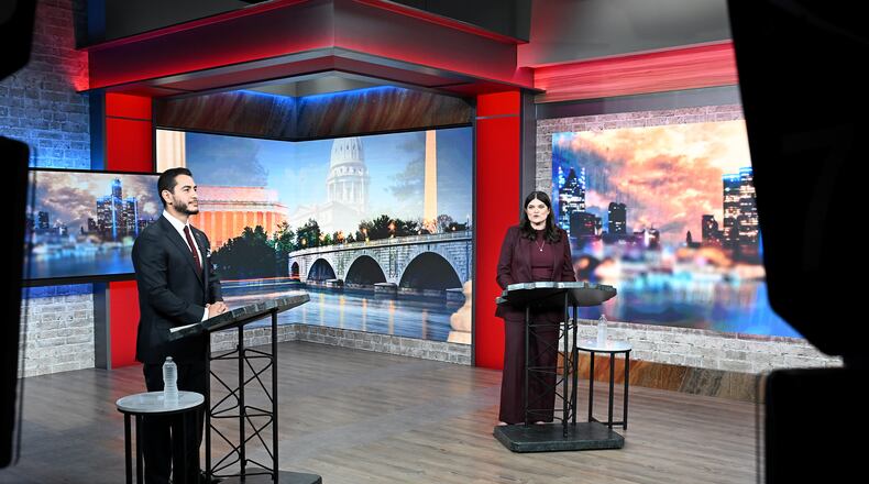 U.S. Senate candidates Abdul El-Sayed, left, and U.S. Rep. Haley Stevens participate in a televised debate, Monday, July 27, 2026, in Southfield, Mich. (Robin Buckson/Detroit News via AP, Pool)