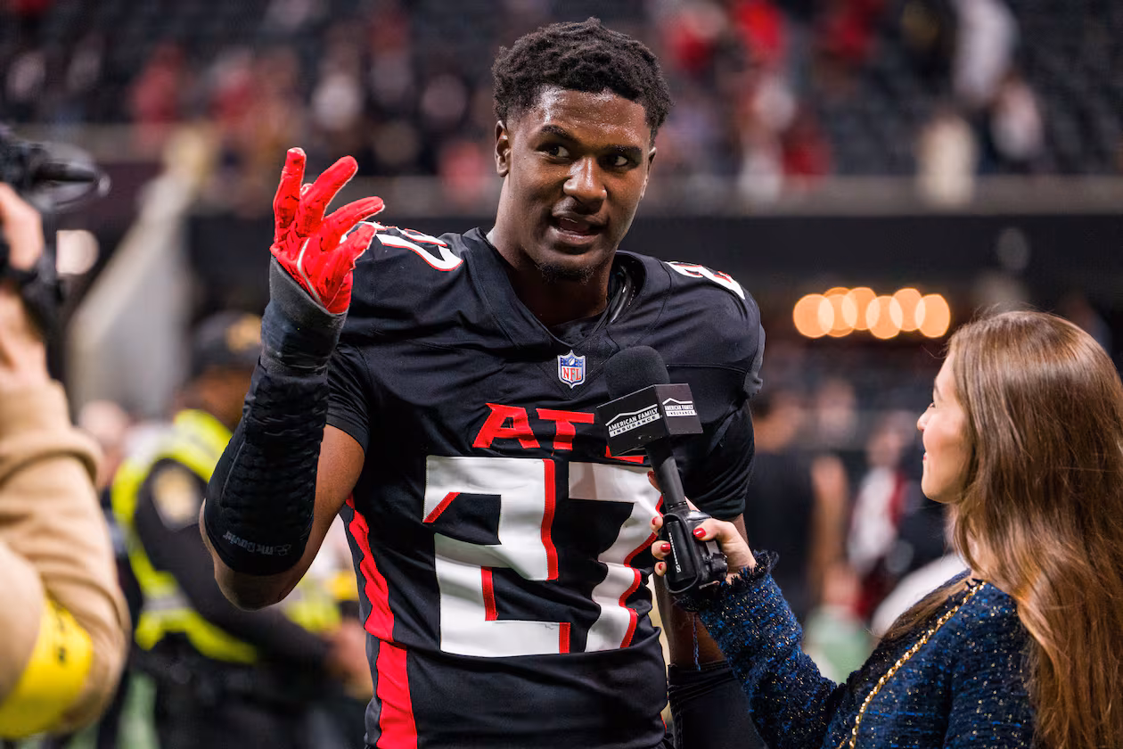 Atlanta Falcons linebacker James Pearce Jr. is interviewed after an NFL football game against the New Orleans Saints, Jan. 4, 2026, in Atlanta. (Danny Karnik/AP)