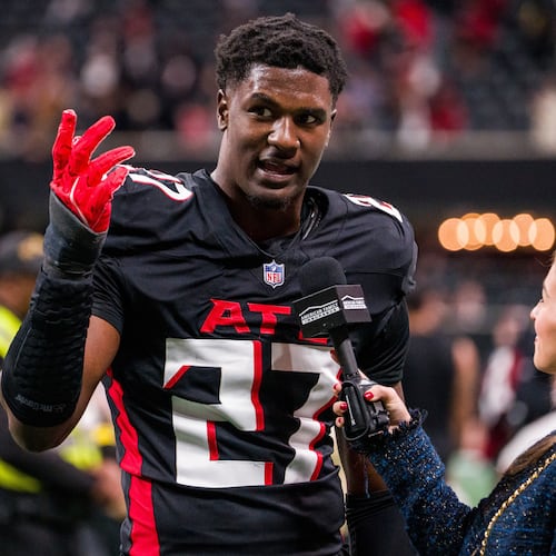 FILE - Atlanta Falcons linebacker James Pearce Jr. (27) is interviewed after an NFL football game against the New Orleans Saints, Jan. 4, 2026, in Atlanta. (AP Photo/Danny Karnik, File)