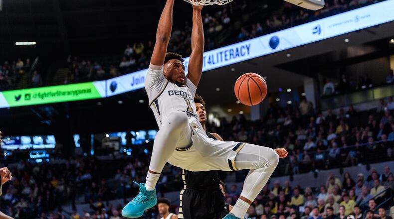 Georgia Tech center James Banks , shown here in the ACC opener against Wake Forest, scored seven points with 10 rebounds in the Yellow Jackets' 73-65 win over Pittsburgh to stop a seven-game losing streak. (Danny Karnik/Georgia Tech Athletics)