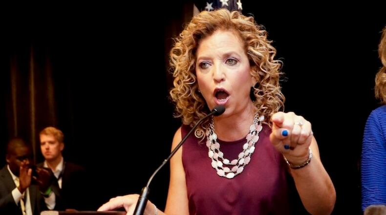 FILE- In this July 25, 2016 file photo, DNC Chairwoman, Debbie Wasserman Schultz, D-Fla., speaks during a Florida delegation breakfast, in Philadelphia. The email leaks that cost U.S. Rep. Debbie Wasserman Schultz her second job as chair of the Democratic National Committee are now threatening her bid for a seventh term from a South Florida district where, until recently, she was seen as unbeatable. Wasserman Schultz is facing a strong challenge in the Aug. 30 Democratic primary from law professor Tim Canova, a liberal who accuses the incumbent of being in the pocket of Wall Street and big banks. (AP Photo/Matt Slocum, File)