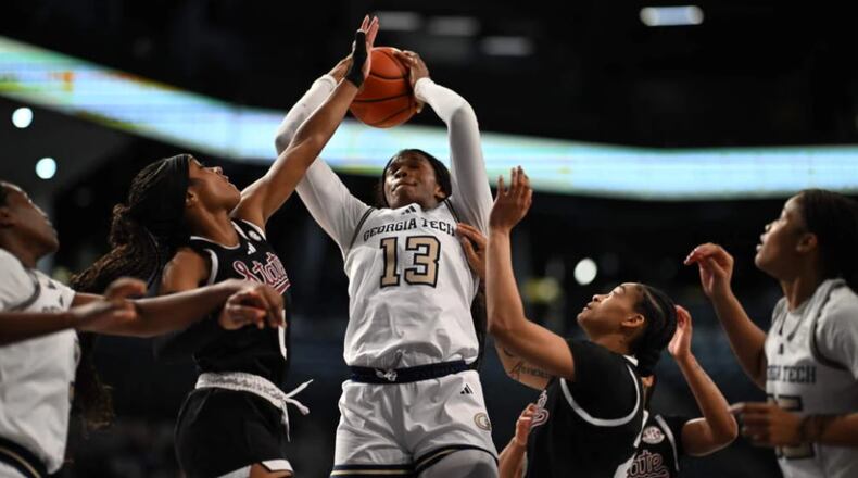 Georgia Tech forward Kayle Blackshear puts up a shot against No. 21 Mississippi State on Wednesday at McCamish Pavilion on Dec. 4, 2024. (Georgia Tech Athletics)