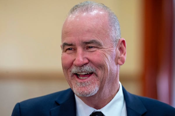 Former Judge Patrick Dugan attends a ballot position lottery at City Hall Tuesday, March 18, 2025, in Philadelphia, for the May Democratic primary election for District Attorney. (Tom Gralish/The Philadelphia Inquirer via AP)