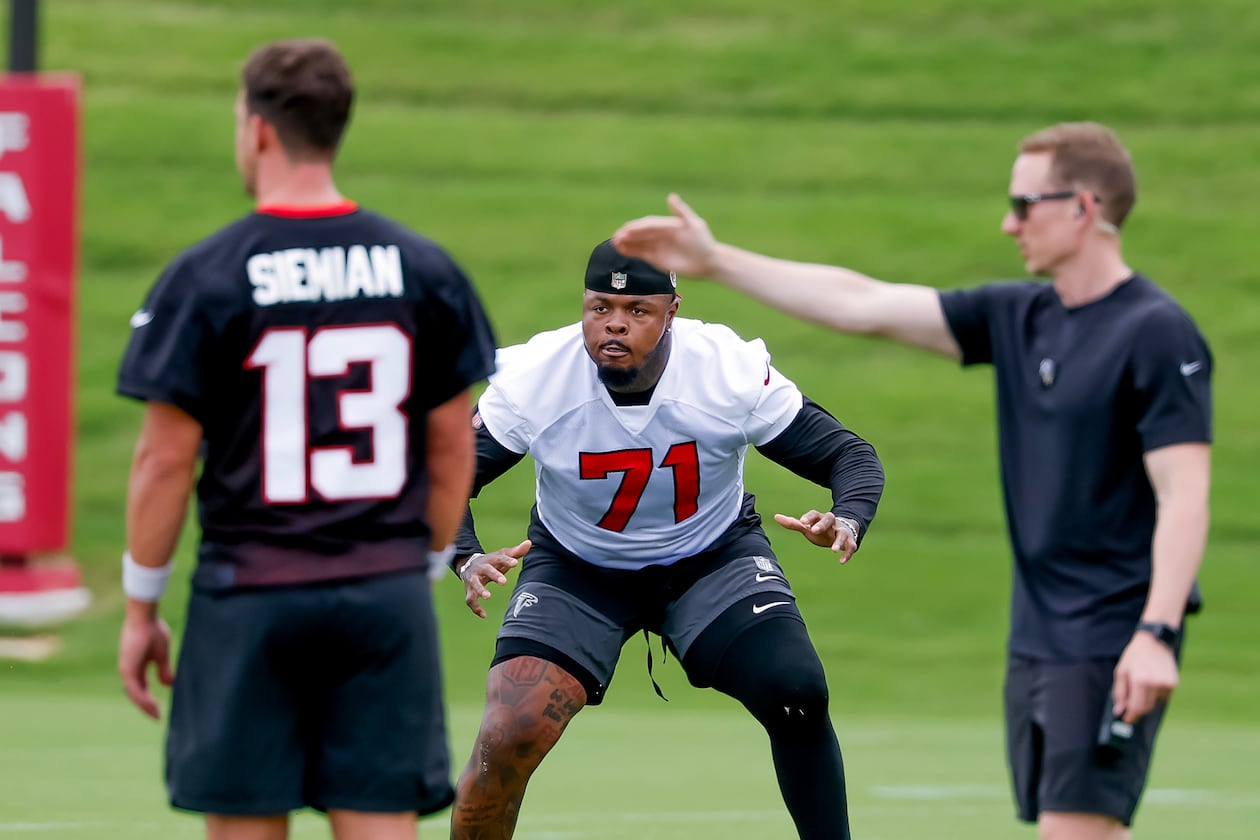Tackle Jawaan Taylor during Atlanta Falcons practice, Monday, June 8, 2026, in Flowery Branch. (Erik S. Lesser for the AJC)