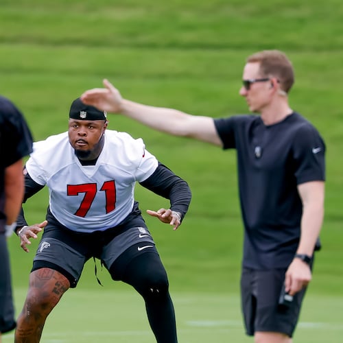 Tackle Jawaan Taylor during Atlanta Falcons practice, Monday, June 8, 2026, in Flowery Branch. (Erik S. Lesser for the AJC)