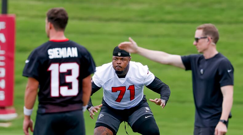 Tackle Jawaan Taylor during Atlanta Falcons practice, Monday, June 8, 2026, in Flowery Branch. (Erik S. Lesser for the AJC)