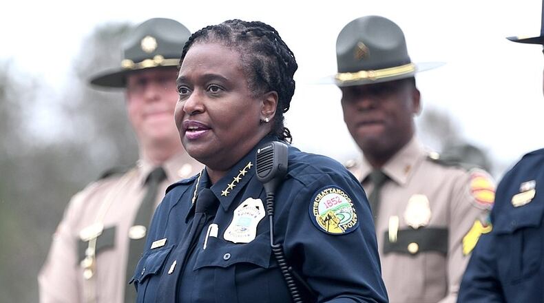 FILE: Chattanooga Police Chief Celeste Murphy speaks at a news conference for “Operation Hands Free" to reduce distracted driving at the Tennessee Highway Patrol offices in Lookout Valley on April 1. (Photo Courtesy of Robin Rudd)