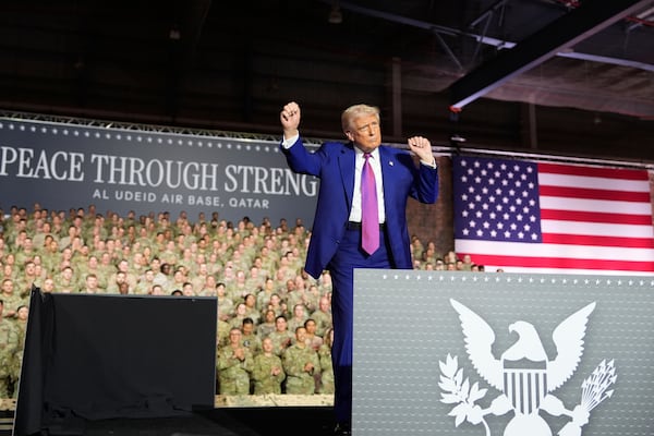 President Donald Trump gestures after speaking at the Al Udeid Air Base, Thursday, May 15, 2025, in Doha, Qatar. (AP Photo/Alex Brandon)