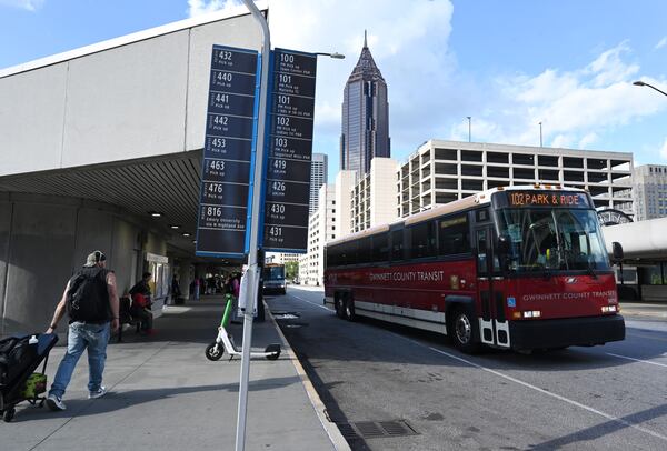 A Gwinnett County Transit bus leaves the Civic Center MARTA Station in 2024, in Atlanta. Gwinnett and Cobb counties have kept MARTA out of their counties for years. (Hyosub Shin/AJC)