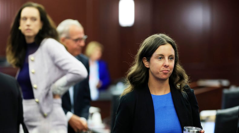 Assistant State Attorney Christina Stifler walks out at lunch recess after opening statements in the trial of Mario Fernandez Saldana at the Duval County Courthouse on Monday, Aug. 17, 2026, in Jacksonville, Fla. (Corey Perrine/The Florida Times-Union via AP, Pool)
