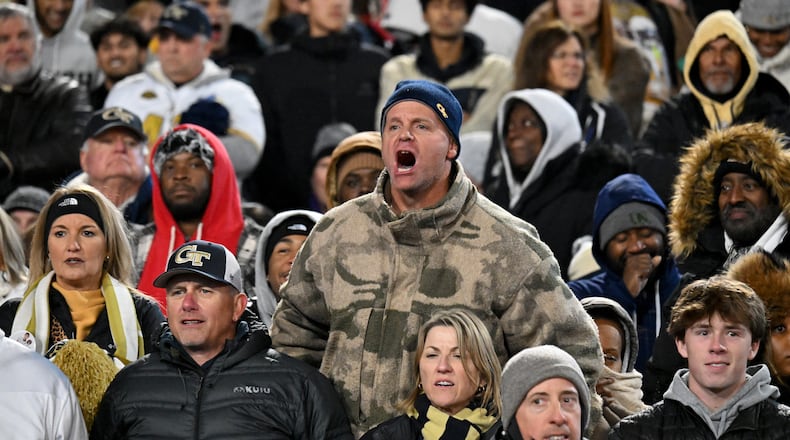 Georgia Tech fans react during the fourth quarter in an NCAA football game at Sanford Stadium, Friday, November 29, 2024, in Athens. Georgia won 44-42 in eight overtimes. (Hyosub Shin / AJC)