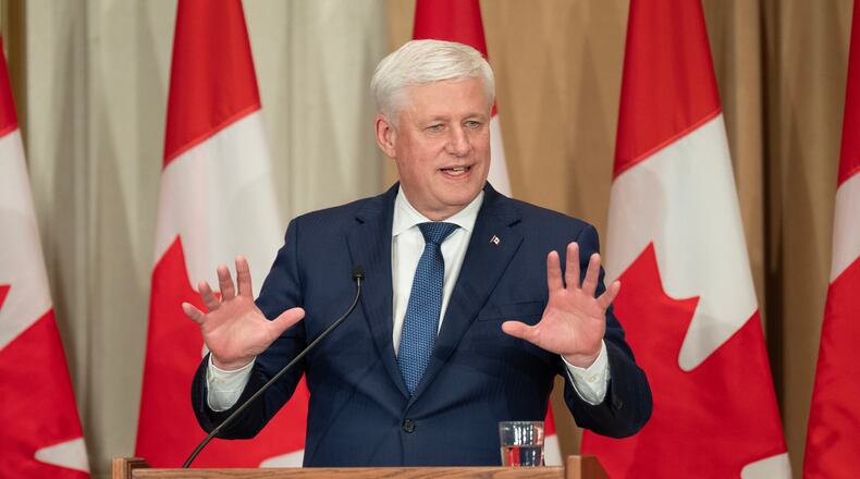 Canada's former Prime Minister Stephen Harper speaks during a ceremony for his official portrait unveiling in Ottawa, Ontario, Tuesday, Feb. 3, 2026. (Adrian Wyld/The Canadian Press via AP)