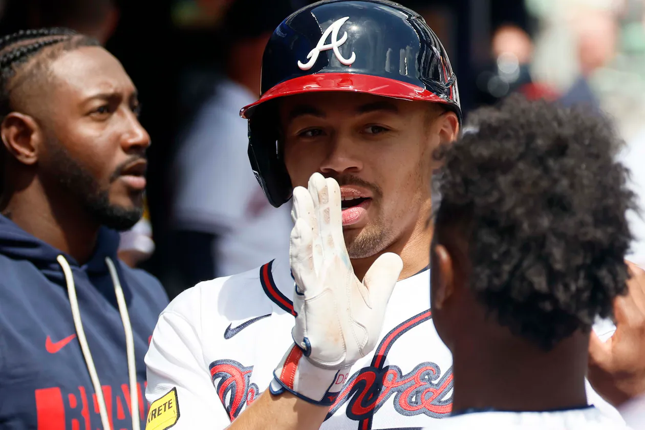 Atlanta Braves catcher Drake Baldwin is congratulated by Atlanta Braves second baseman Ozzie Albies (after scoring on a single from Atlanta Braves first baseman Matt Olson during the fourth inning against the Athletics at Truist Park on Wednesday, April 1, 2026, in Atlanta. (Miguel Martinez/AJC)