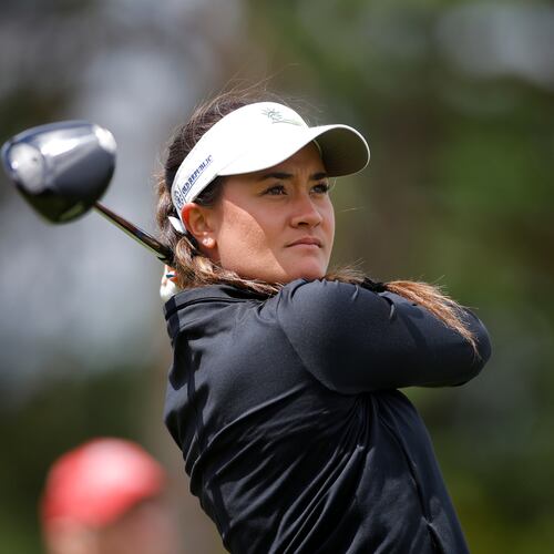 Kiara Romero watches her tee shot on the ninth hole during the first round of the Meijer LPGA Classic golf tournament, Thursday, June 18, 2026, in Belmont, Mich. (AP Photo/Al Goldis)
