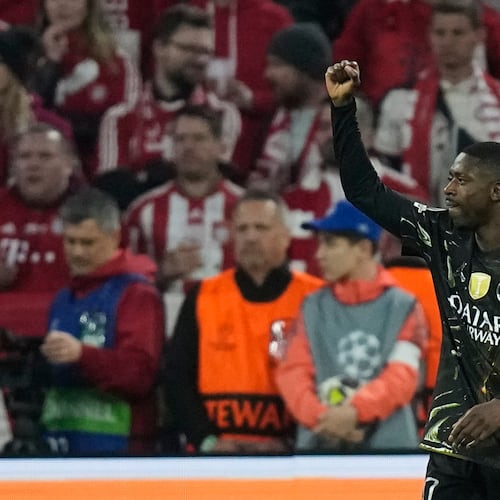 PSG's Ousmane Dembele celebrates after scoring his sides first goal during the Champions League semifinal second leg soccer match between Bayern Munich and Paris Saint Germain in Munich, Germany, Wednesday, May 6, 2026. (AP Photo/Matthias Schrader)