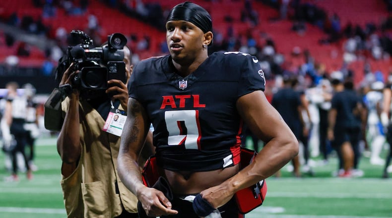 Atlanta Falcons quarterback Michael Penix Jr., shown exiting the field after a game against the Carolina Panthers on Jan. 5, 2025, at Mercedes-Benz Stadium. (Miguel Martinez/AJC)