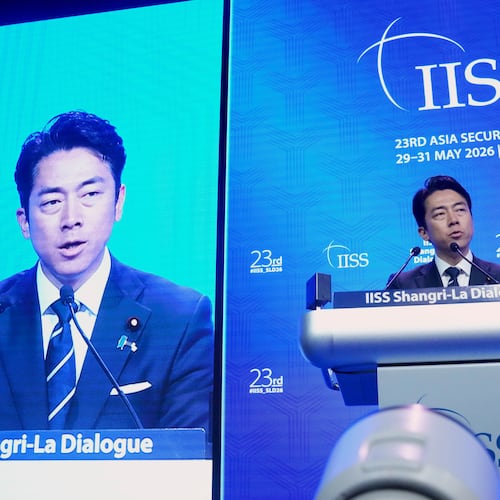 Japan's Defense Minister Shinjiro Koizumi delivers a speech during the Shangri-La Dialogue, Asia's annual defense and security forum, in Singapore, Sunday, May 31, 2026. (AP Photo/Achmad Ibrahim)