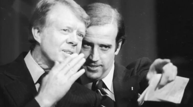 Former President Jimmy Carter, left, and President Joe Biden have had a long and fruitful relationship. Biden will visit Carter during a swing through Georgia on Thursday to mark the first 100 days of his term in the White House.