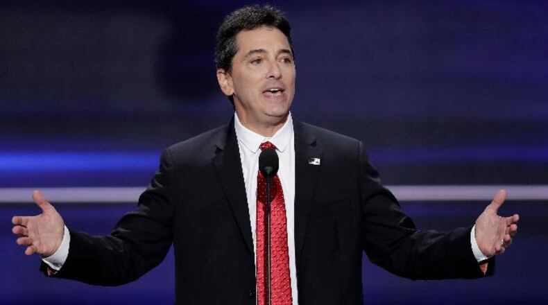 FILE - In a July 18, 2016 file photo, actor Scott Baio speaks during the opening day of the Republican National Convention in Cleveland. Baio is denying a claim made by his former "Charles in Charge" co-star Nicole Eggert that something inappropriate happened between the two when she was a minor. Eggert tweeted Saturday. Jan. 27, 2018 to ask Baio about what happened in his garage when she was a minor. (AP Photo/J. Scott Applewhite, File)