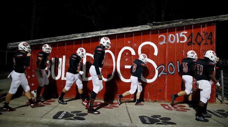 North Gwinnett players make their way onto the field before during a GHSA high school football AAAAAAA second round playoff game on Friday, Nov. 17, 2017, at North Gwinnett High School in Suwanee, Ga. (AJ Reynolds/Special)