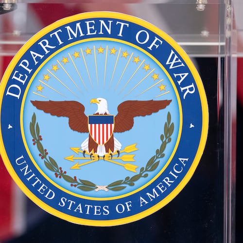 The seal is seen on a podium at the Pentagon, Wednesday, Dec. 10, 2025, in Washington, before Defense Secretary Pete Hegseth speaks. (AP Photo/Mark Schiefelbein)