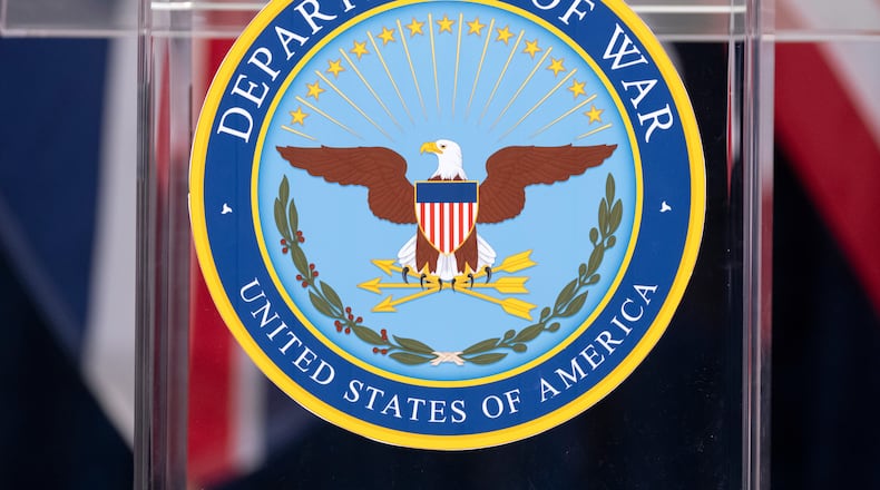 The seal is seen on a podium at the Pentagon, Wednesday, Dec. 10, 2025, in Washington, before Defense Secretary Pete Hegseth speaks. (AP Photo/Mark Schiefelbein)