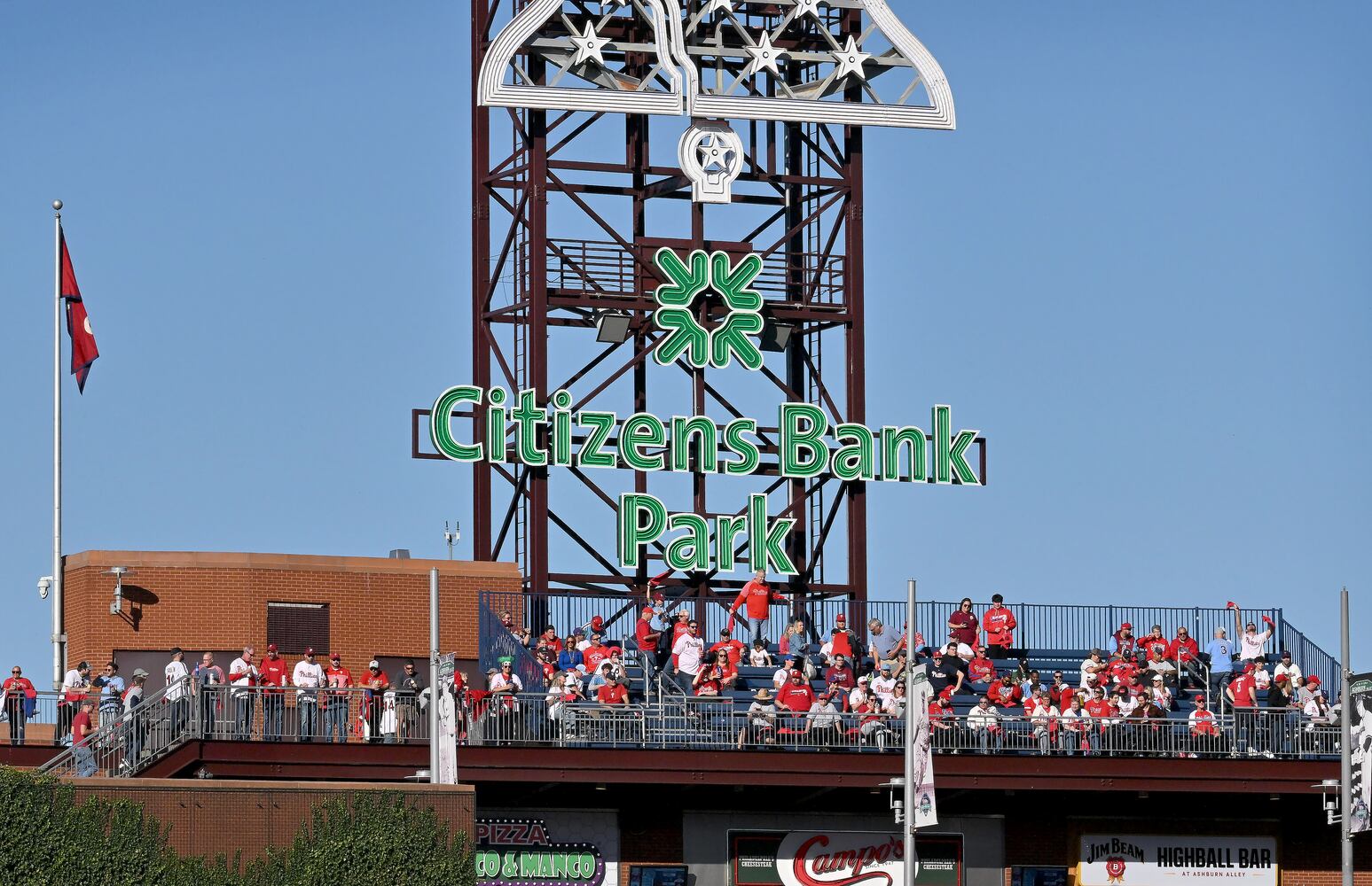 Philadelphia Phillies fans gather in the outfield seats before the afternoon start of game three of the National League Division Series against the Atlanta Braves at Citizens Bank Park in Philadelphia on Friday, October 14, 2022. (Hyosub Shin / Hyosub.Shin@ajc.com)