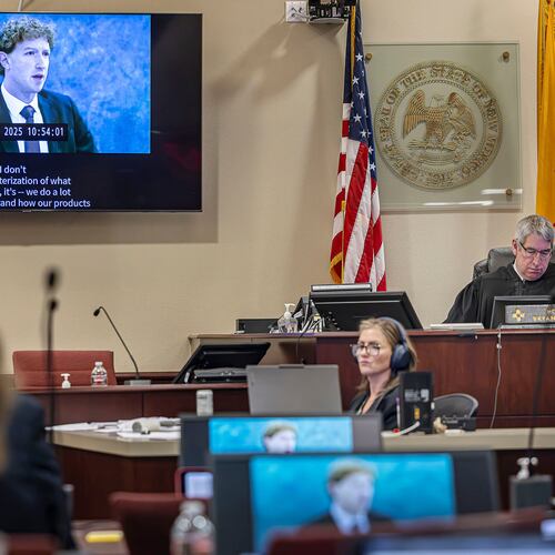 FILE - A recording of Meta Founder and CEO Mark Zuckerberg's deposition is played for the jurors on March 4, 2026, in Santa Fe, N.M. (Jim Weber/Santa Fe New Mexican via AP, Pool, File)